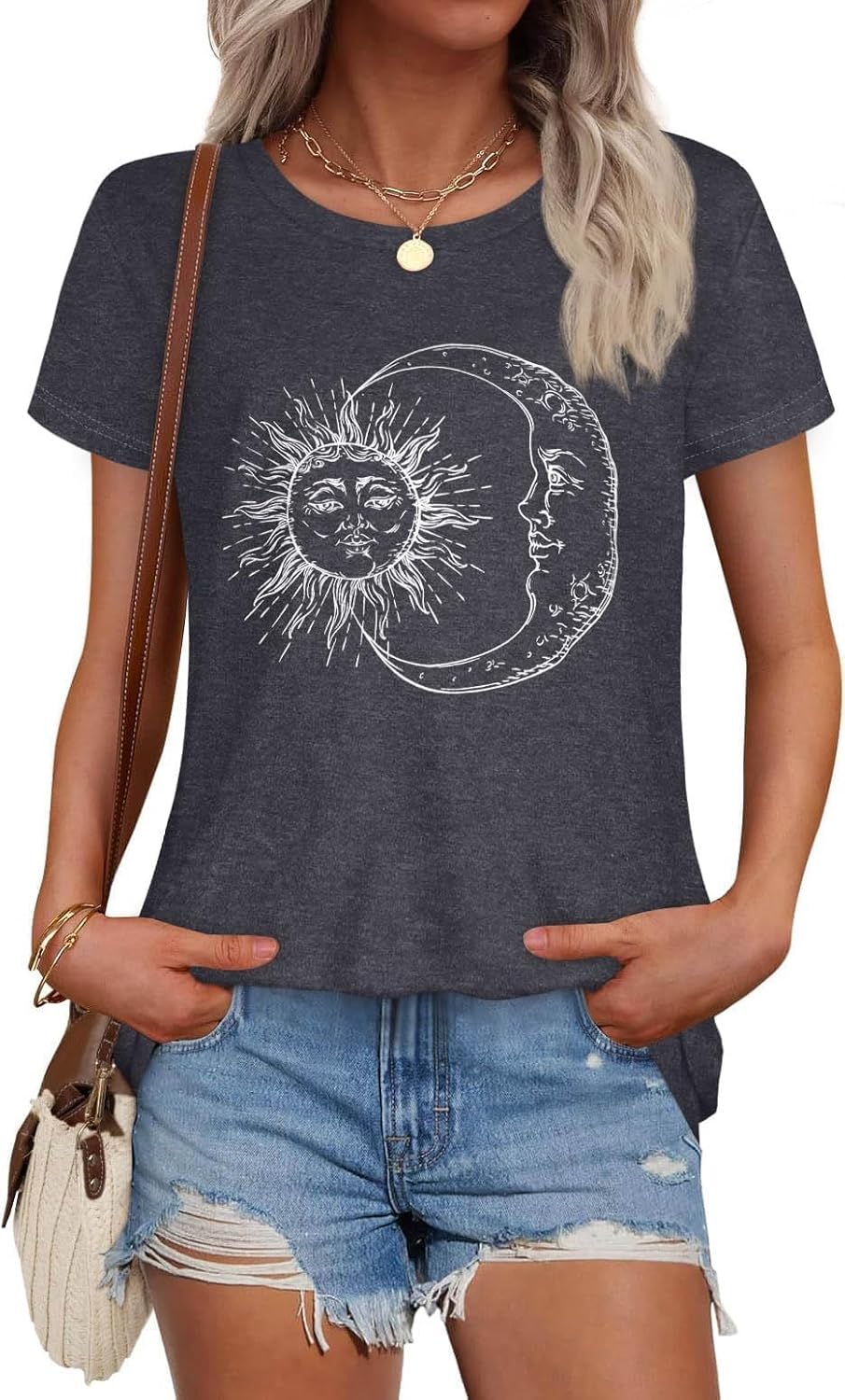 Women’s Graphic Crewneck T-Shirt With Moon And Stars