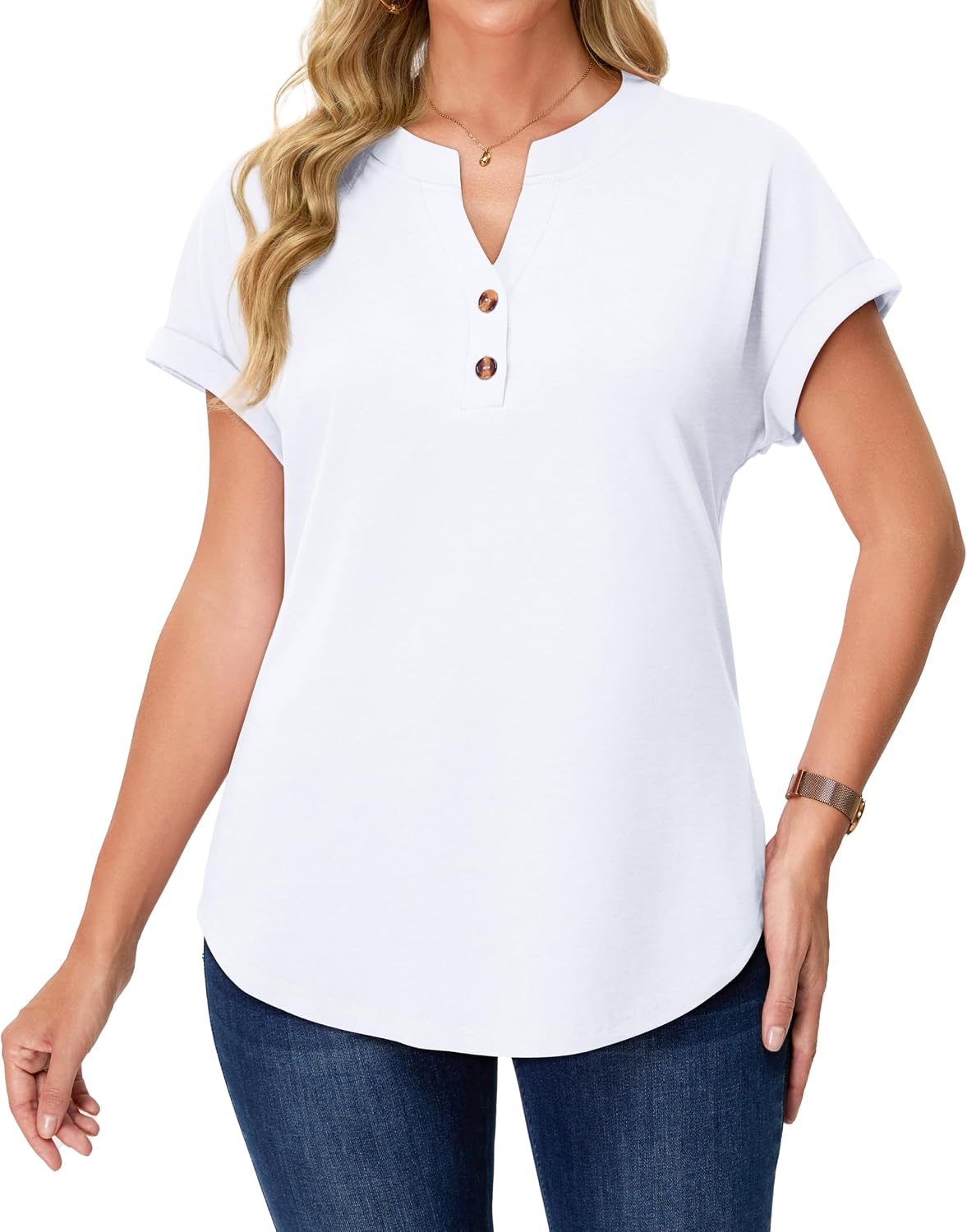 Women’s Henley V-Neck Blouse Short Sleeve Casual Top