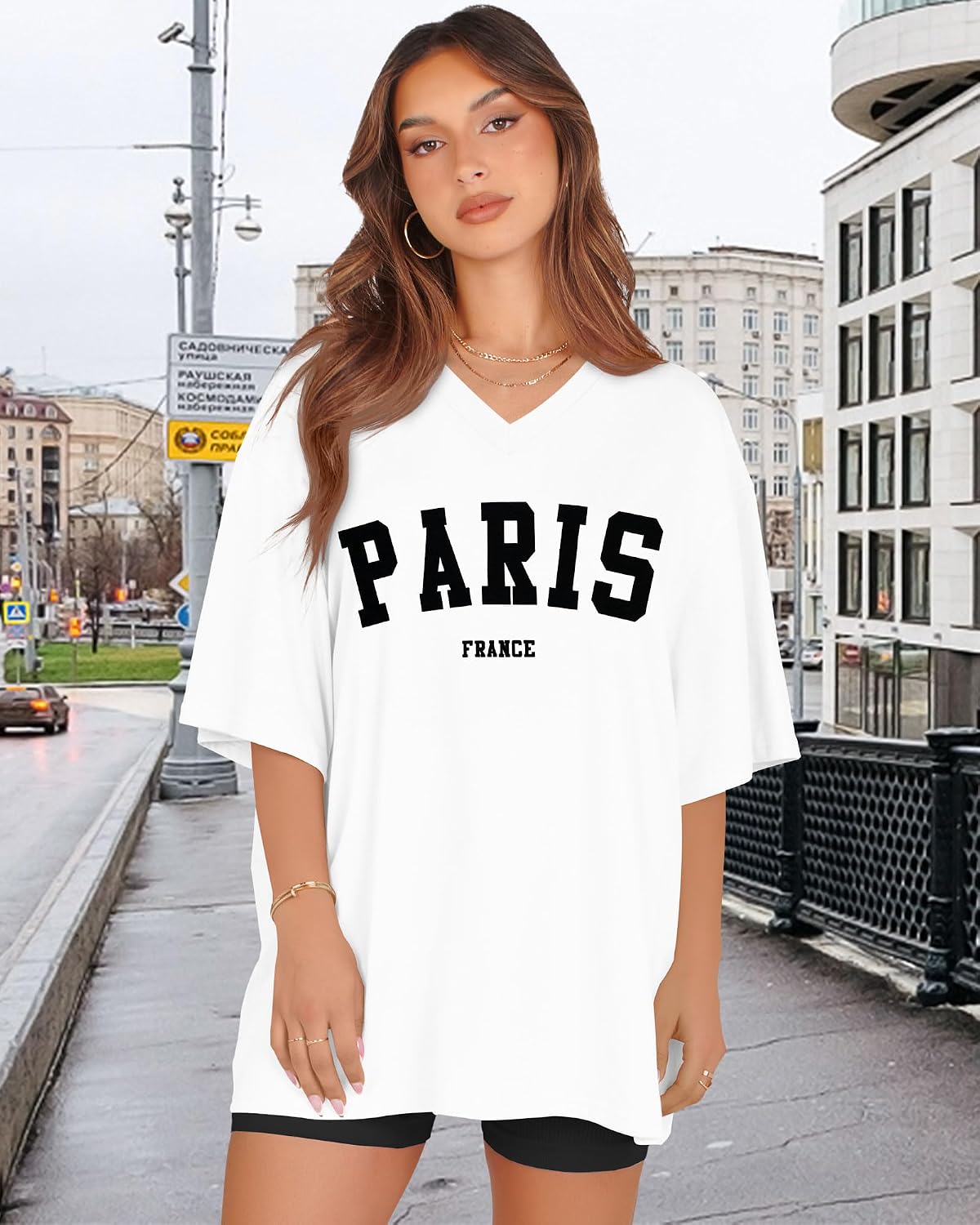 Women’s Oversized V-Neck T-Shirt Casual Short Sleeve Top