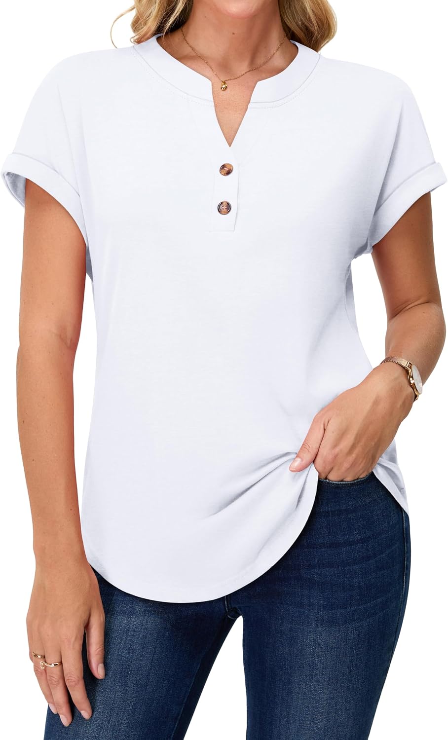 Women’s Henley V-Neck Blouse Short Sleeve Casual Top
