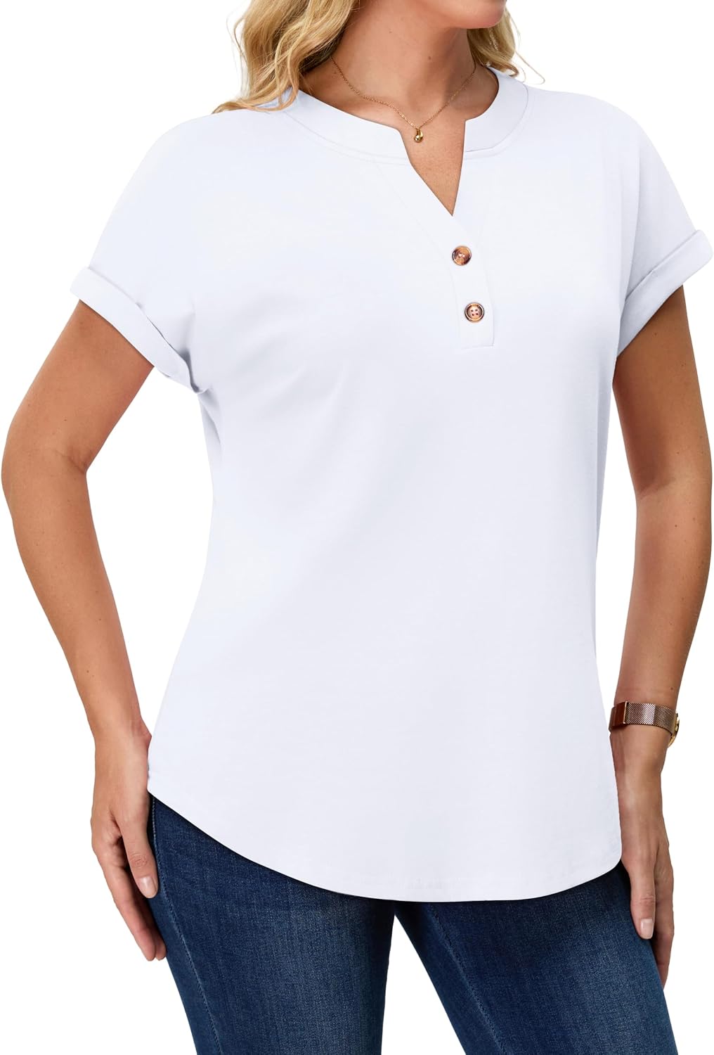 Women’s Henley V-Neck Blouse Short Sleeve Casual Top