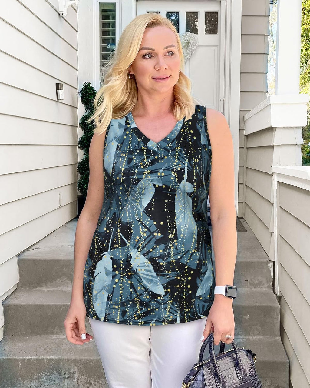 Women’s Sleeveless V-Neck Tunic Top Casual Loose Fit