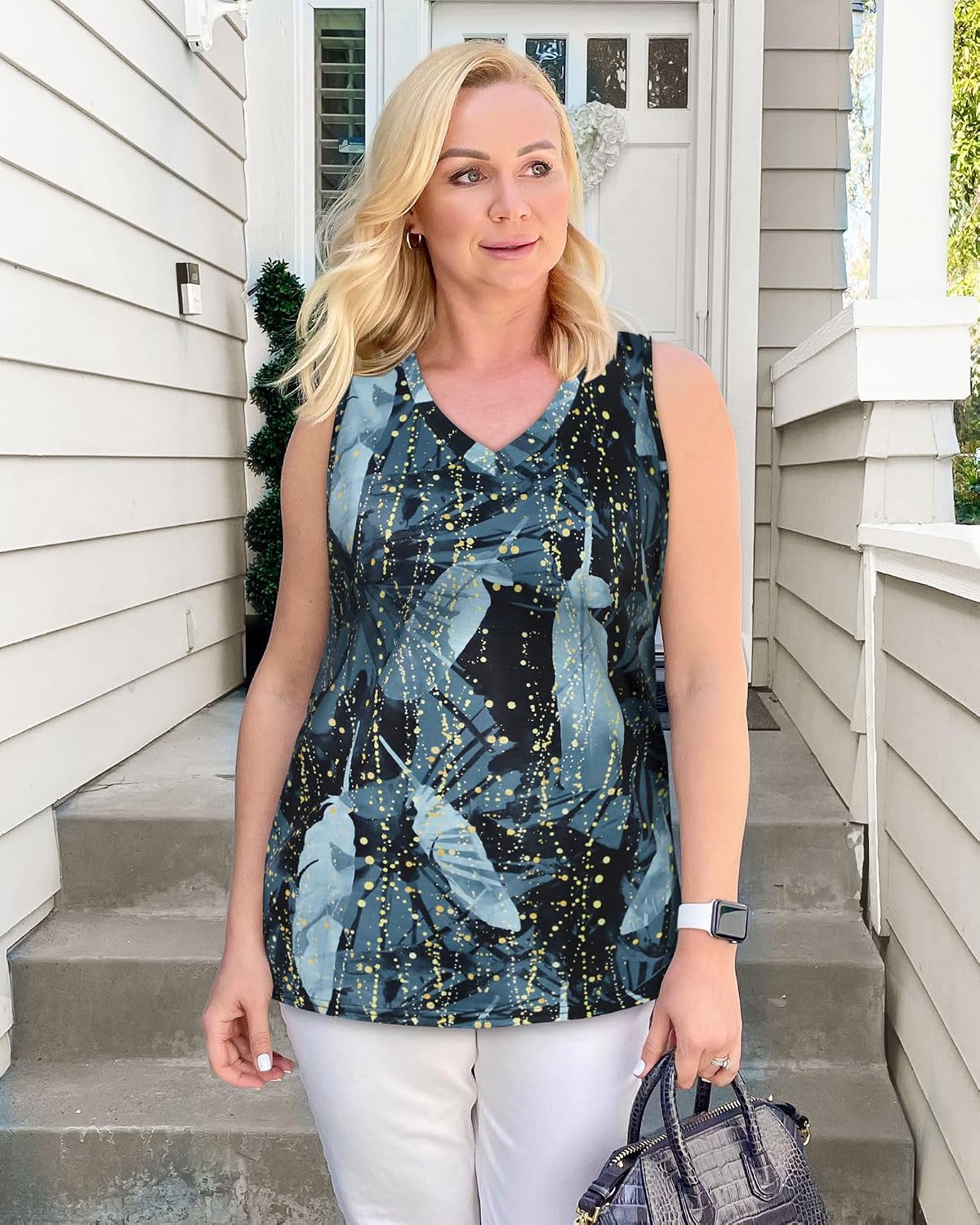 Women’s Sleeveless V-Neck Tunic Top Casual Loose Fit