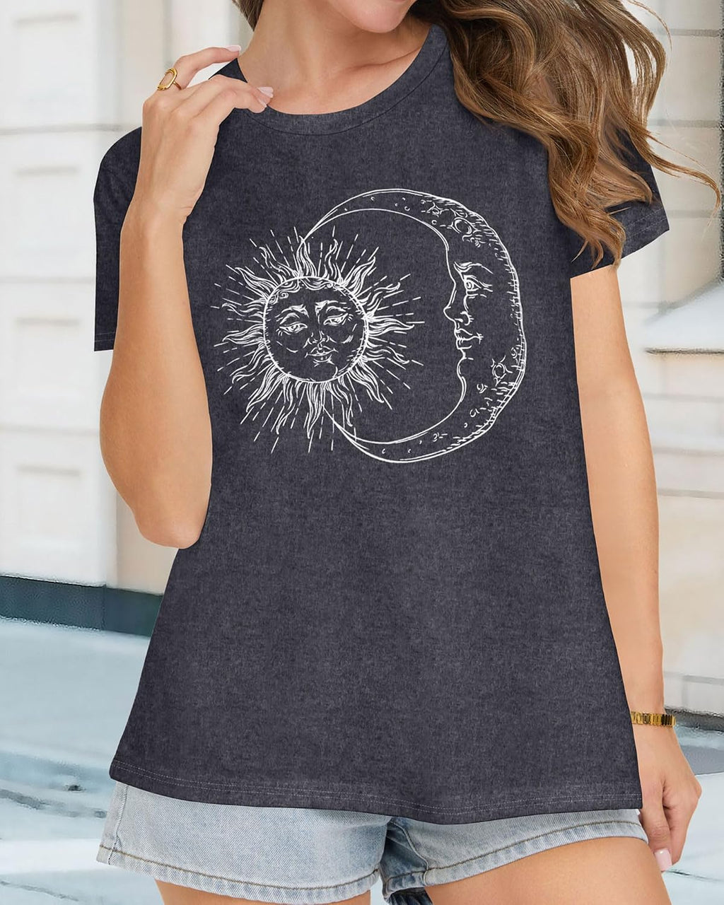 Women’s Graphic Crewneck T-Shirt With Moon And Stars