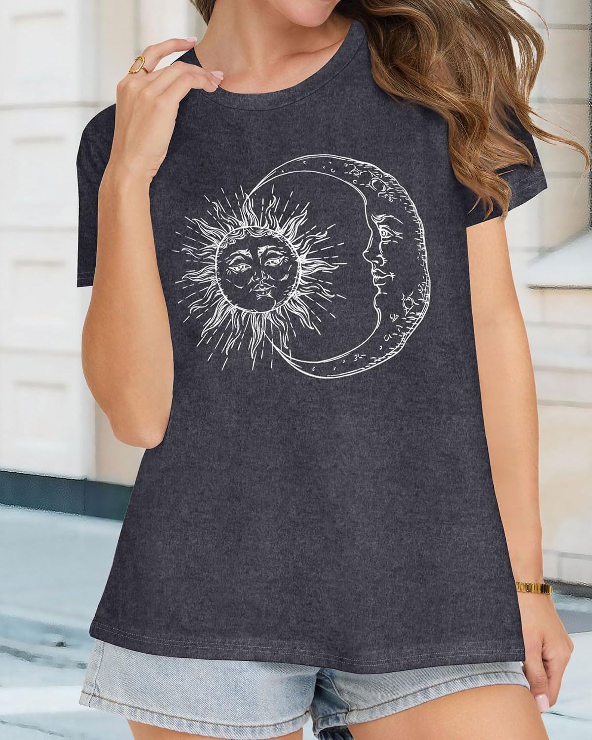 Women’s Graphic Crewneck T-Shirt With Moon And Stars