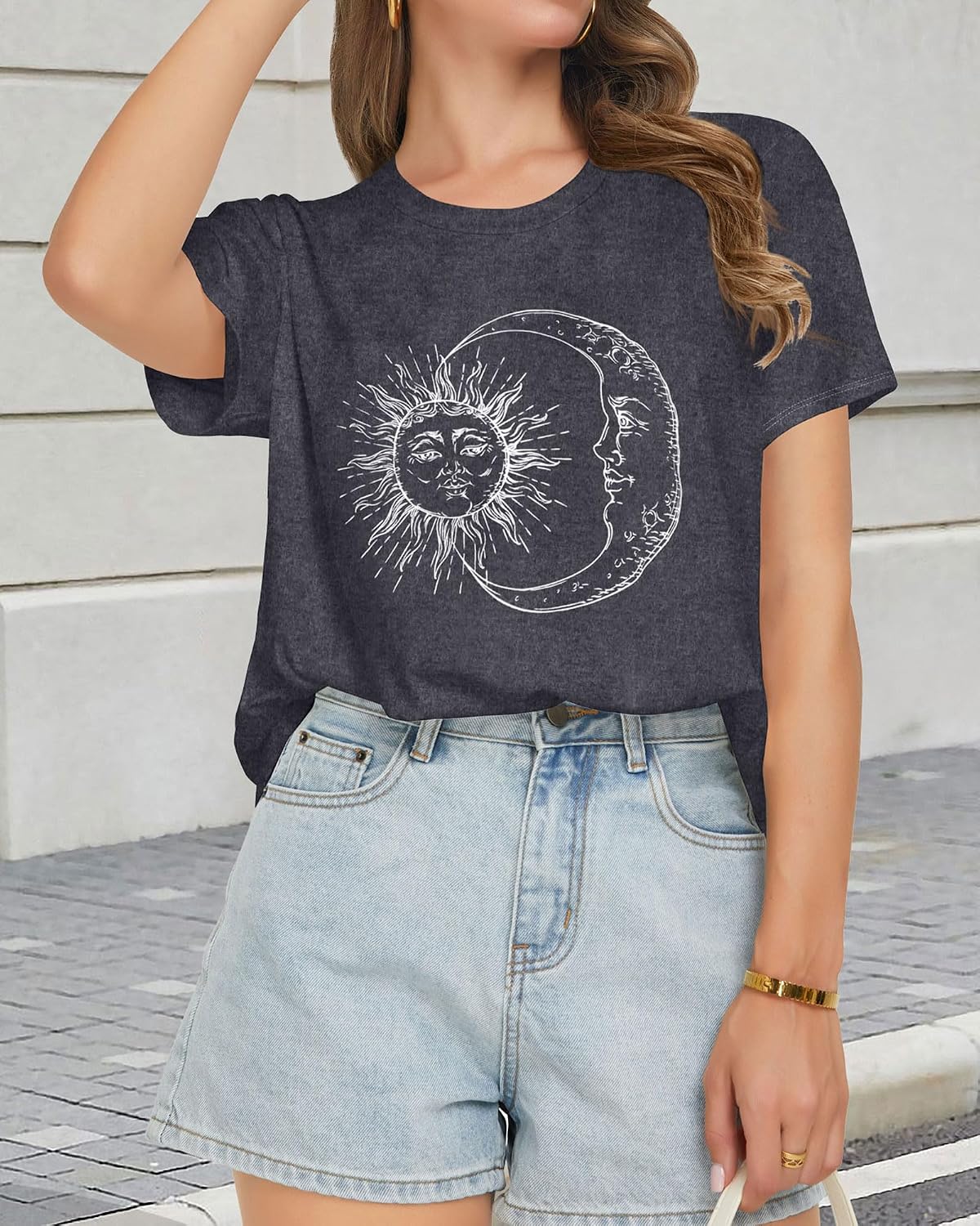 Women’s Graphic Crewneck T-Shirt With Moon And Stars